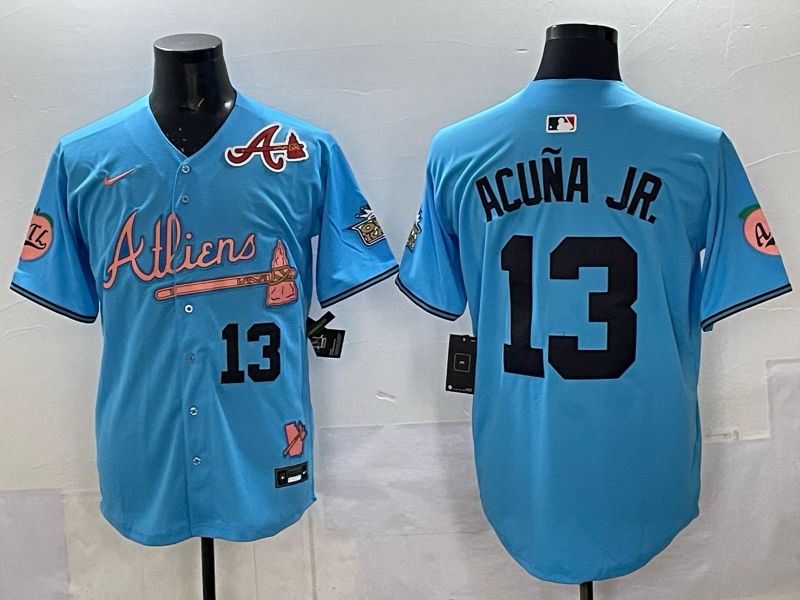 Men Atlanta Braves Nike 13 Acuna jr Light blue 5th generation Joint Name 2025 MLB Jersey 011